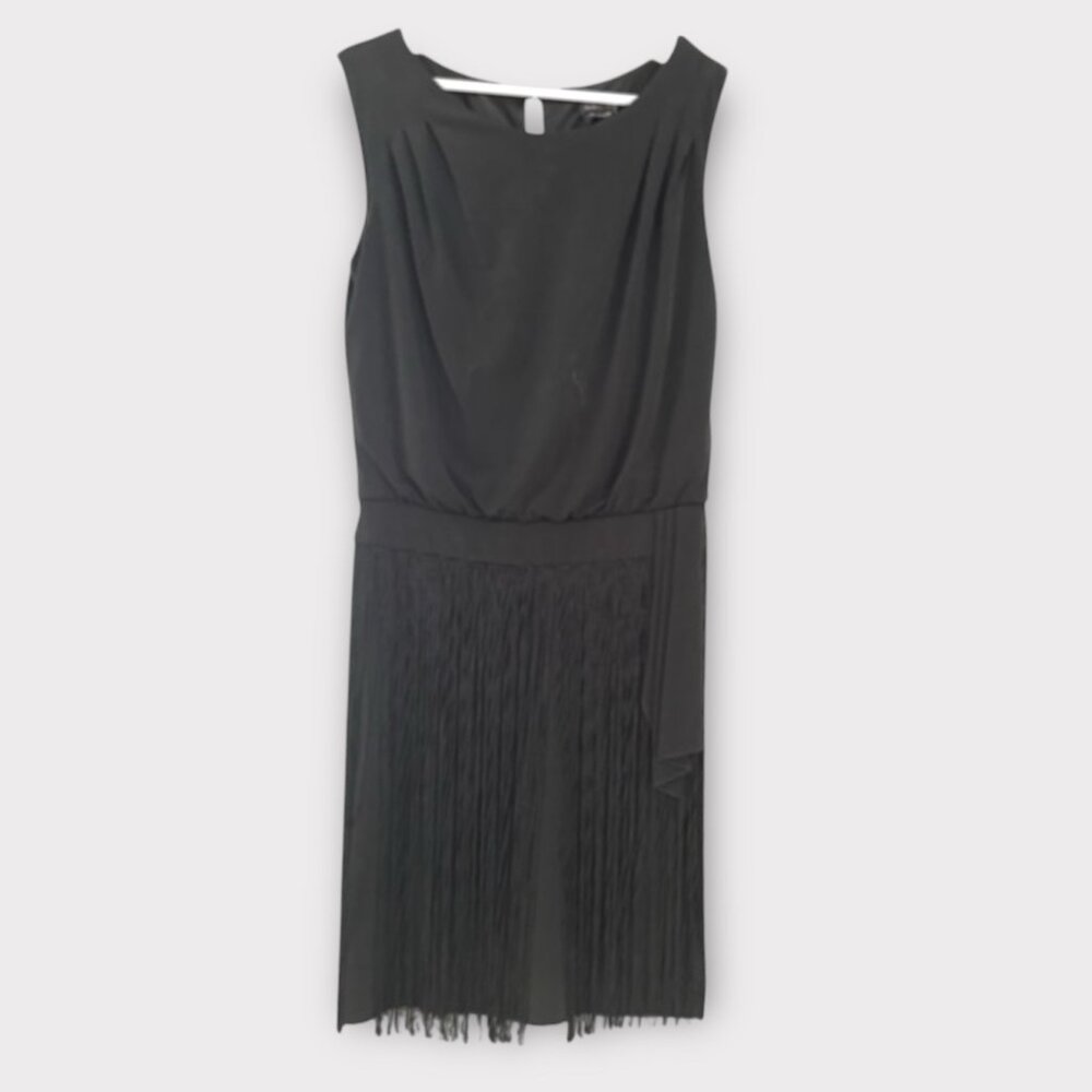 Black Fringe Cocktail Dress Sleeveless Tassel Gatsby Sash Detail Sz 4